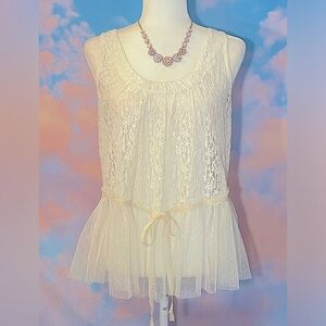 Ballet-Core Vibes: White Lace/Tulle Sleeveless Tunic w/Ribbon Trim (Medium)